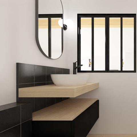 Une salle de bain noire et bois, tout en élégance.
