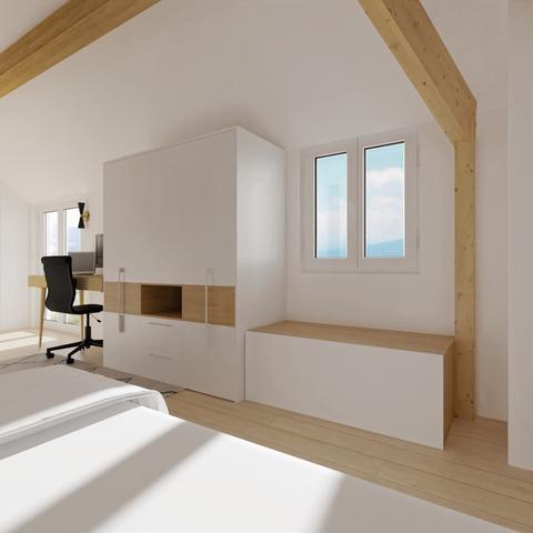 Un dressing sur mesure ainsi qu’un coffre sous la fenêtre permettent d’avoir plus de rangements.