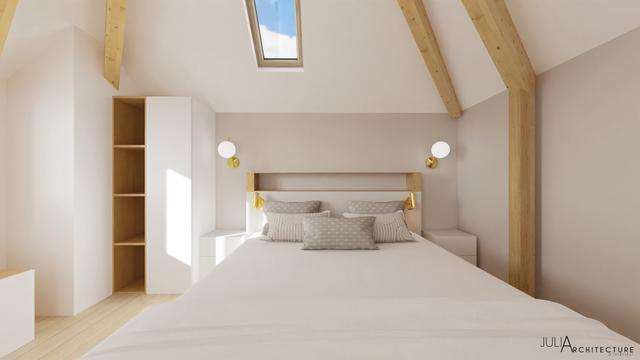 Une tête de lit, des appliques et des rangements sur mesure accueillent le lit avec élegance et confort. Une tête de lit, des appliques et des rangements sur mesure accueillent le lit avec élegance et confort.