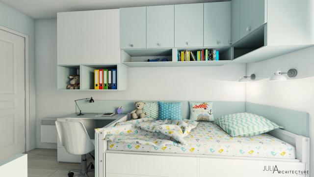 La chambre enfant avec rangements et bureau sur mesure.