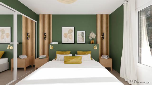 La chambre parentale colorée et chaleureuse avec tête de lit sur mesure.