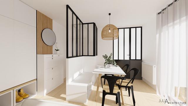 L&rsquo;entrée avec vue sur la verrière et la salle à manger.