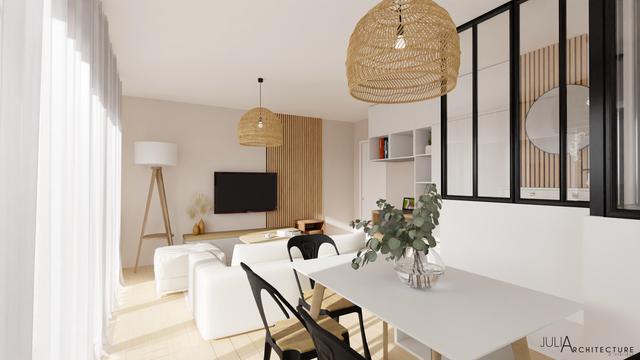 Salon cosy et chaleureux avec espace télétravail et salle à manger attenante