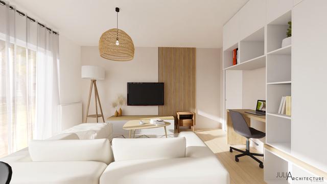 Salon cosy et chaleureux avec espace télétravail