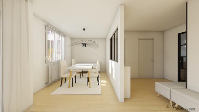 L’entrée et la salle à mangée baignée de lumière avec sa jolie verrière qui la sépare de la salle à manger.