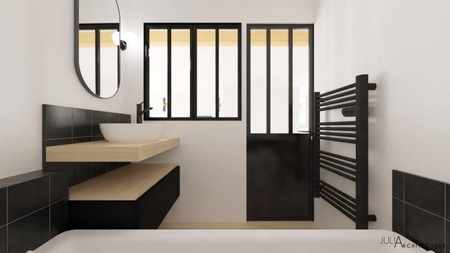 Une salle de bain noire et bois, tout en élégance.
