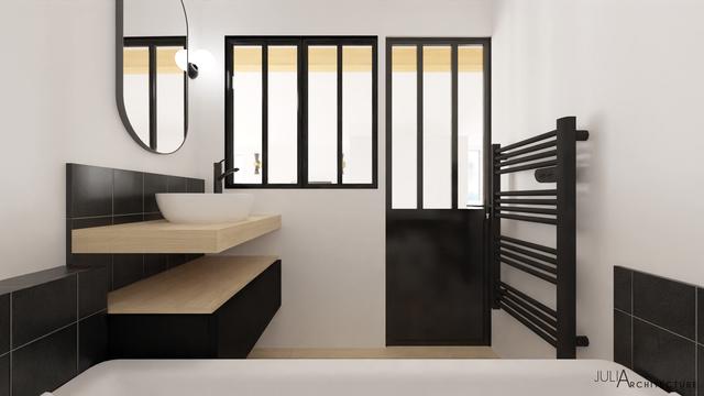 Une salle de bain noire et bois, tout en élégance.