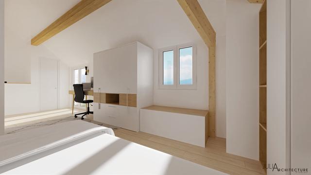 Un dressing sur mesure ainsi qu’un coffre sous la fenêtre permettent d’avoir plus de rangements.