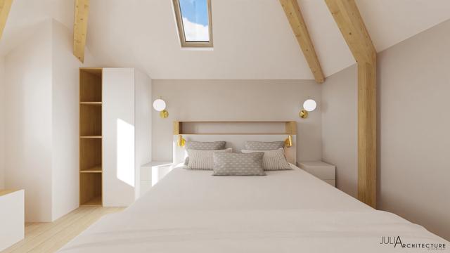 Une peinture couleur praline a été appliquée au niveau du lit délimittant ainsi l&rsquo;espace nuit.