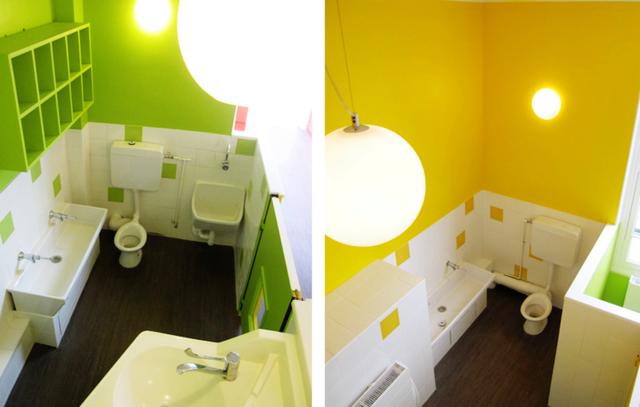 Des sanitaires ludiques et colorés sont adaptés aux besoins des tout-petits